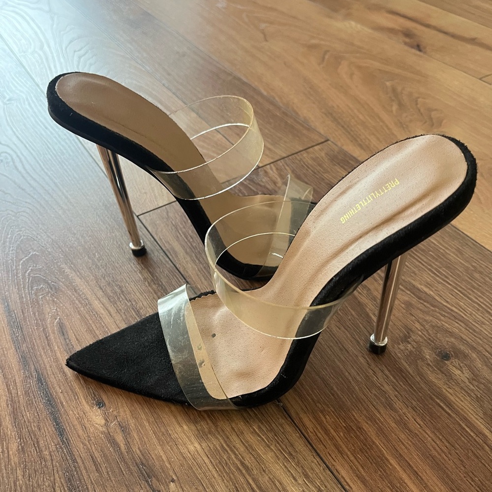 PrettyLittleThing Black & Silver Heels with Transparent Straps US 6.5